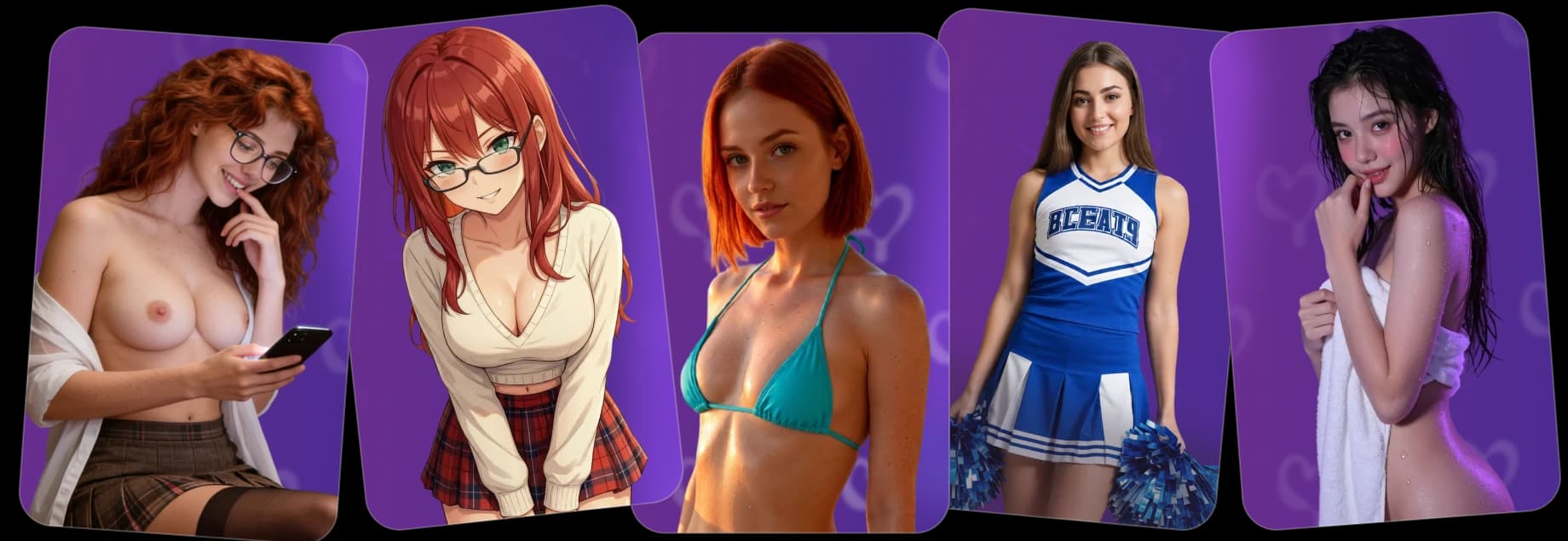College AI girlfriend characters created on Swipey AI, fanned out as cards