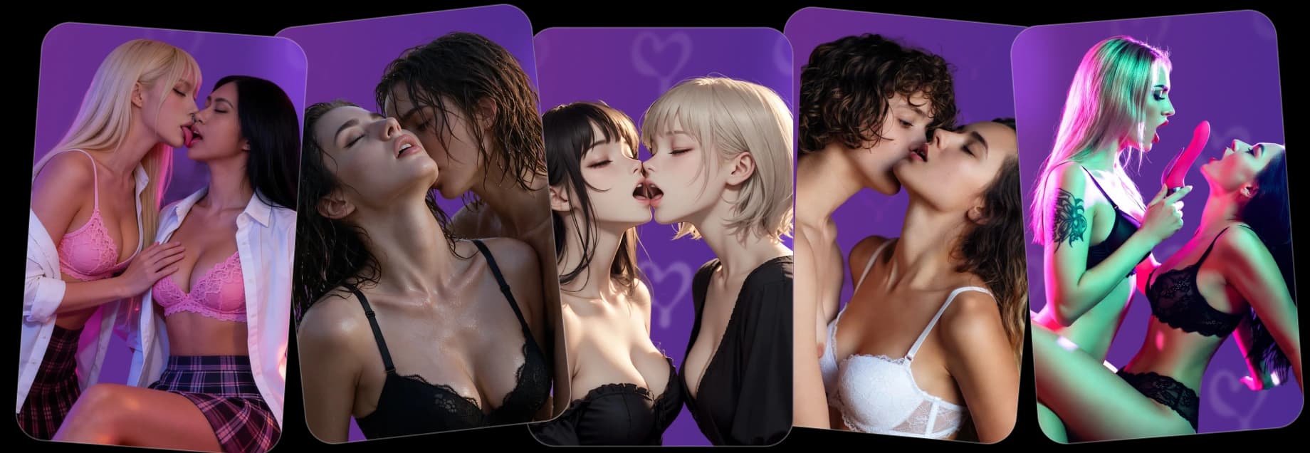 Lesbian AI girlfriend characters created on Swipey AI, fanned out as cards